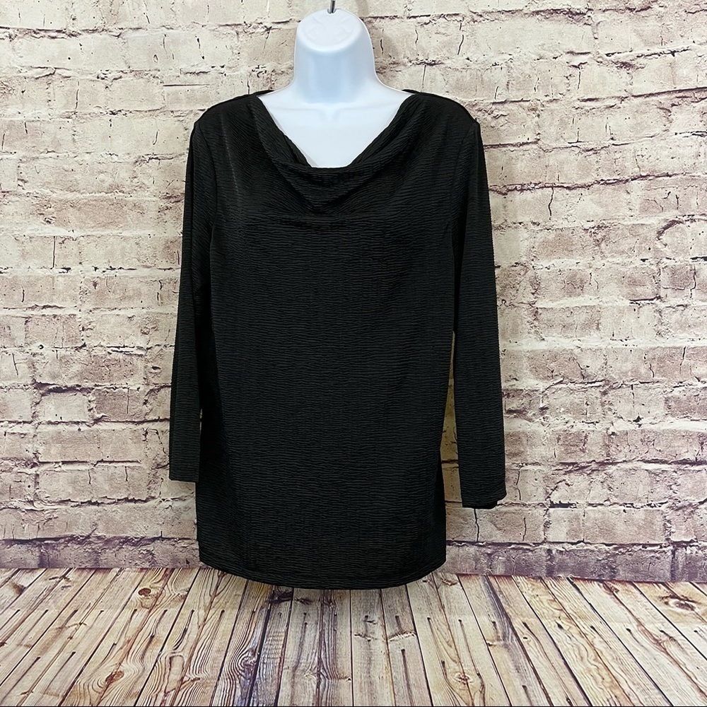 Chico’s Easywear Black Textured Draped Neck 3/4 Sleeve Top
